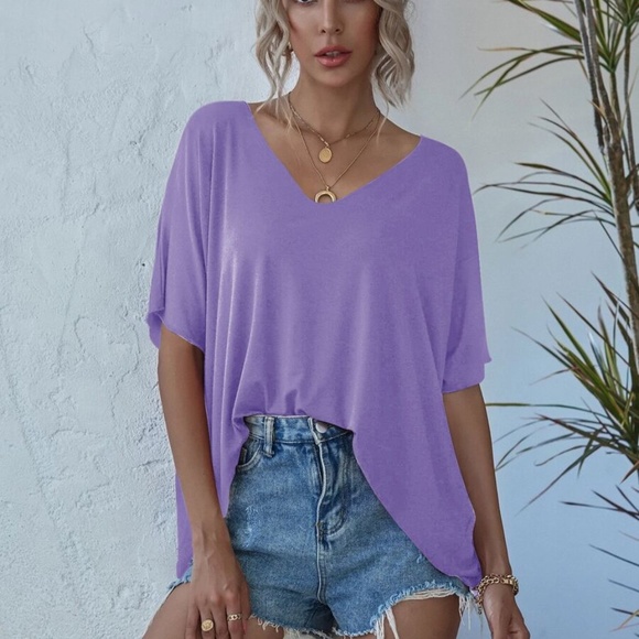Lilac V neck Classic Dolman Sleeve Oversized Top - Picture 8 of 9